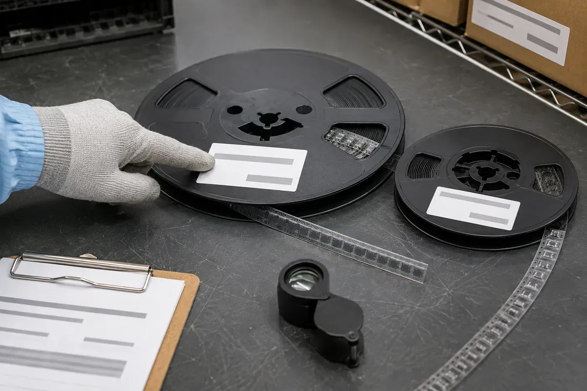 Component reels and neutral lot labels being checked at a receiving bench