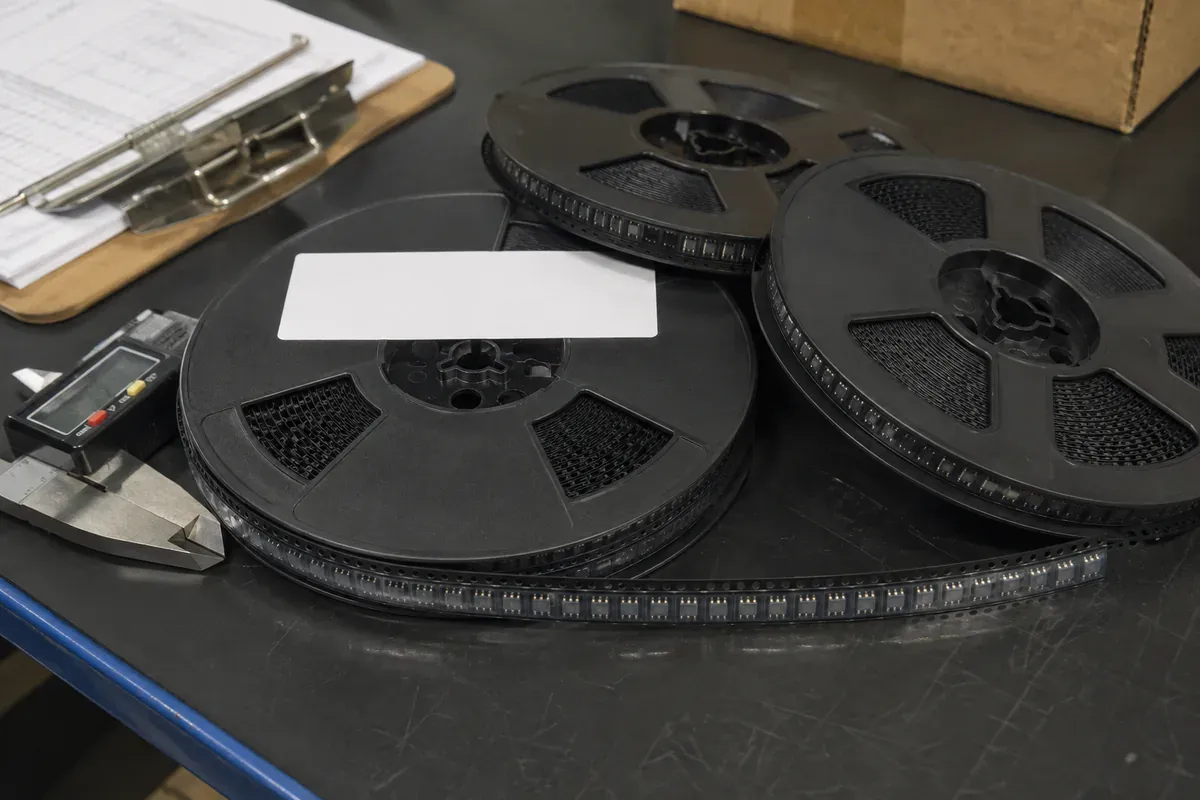 Surface-mount electronic components on tape-and-reel packaging prepared for quantity verification