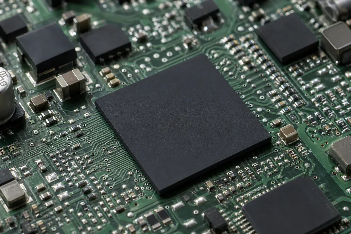 Large leadless BGA microcontroller mounted on a populated control board
