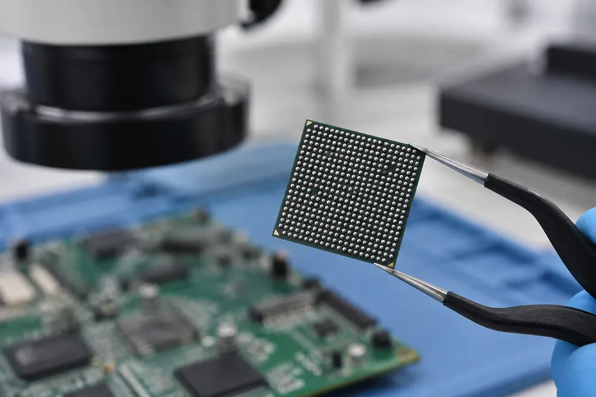 Close view of a ball-grid-array processor and circuit board pads