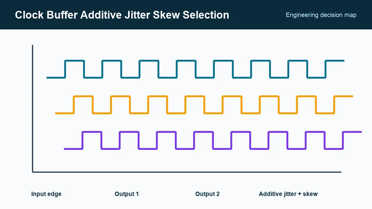 Clock-buffer budget separating source jitter, additive jitter, and skew