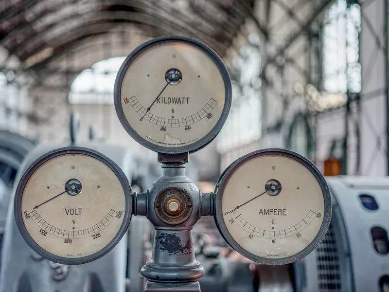 Analog volt, ampere, and kilowatt gauges on industrial equipment