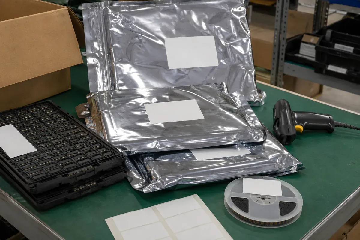 Electronic components preserved in moisture-barrier bags, conductive trays, and tape-and-reel packaging