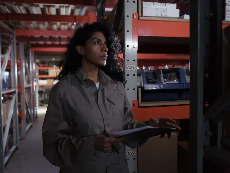 Warehouse worker checking boxed inventory