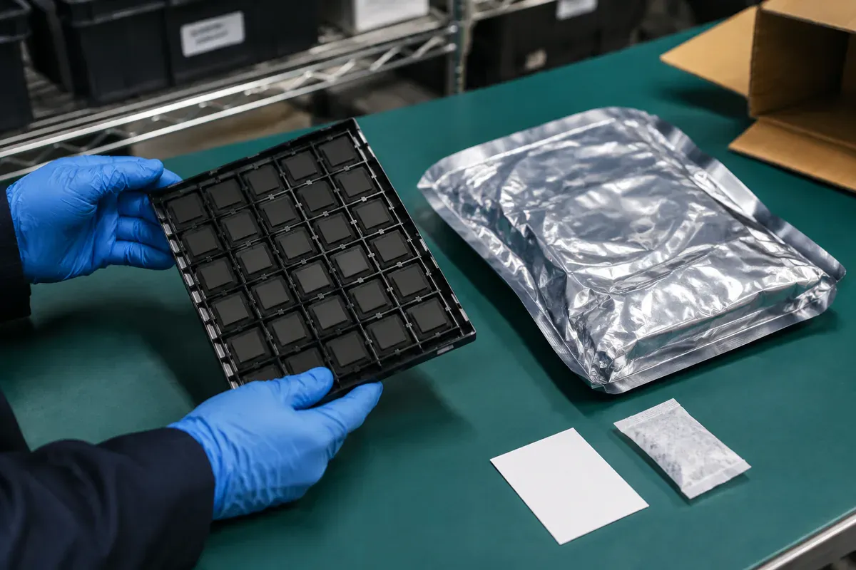 Gloved operator handling BGA devices in a conductive tray beside a moisture-barrier bag