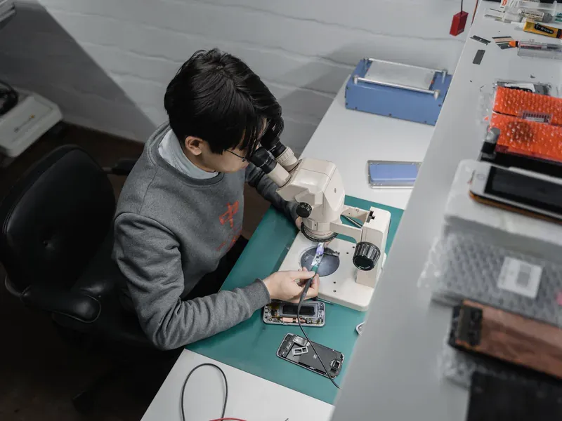 Technician inspecting electronic hardware with laboratory equipment