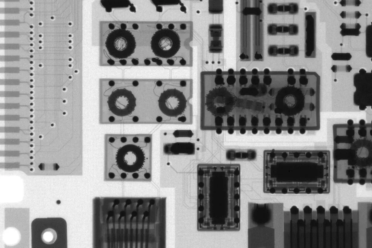 Electronic circuit board shown through X-ray inspection