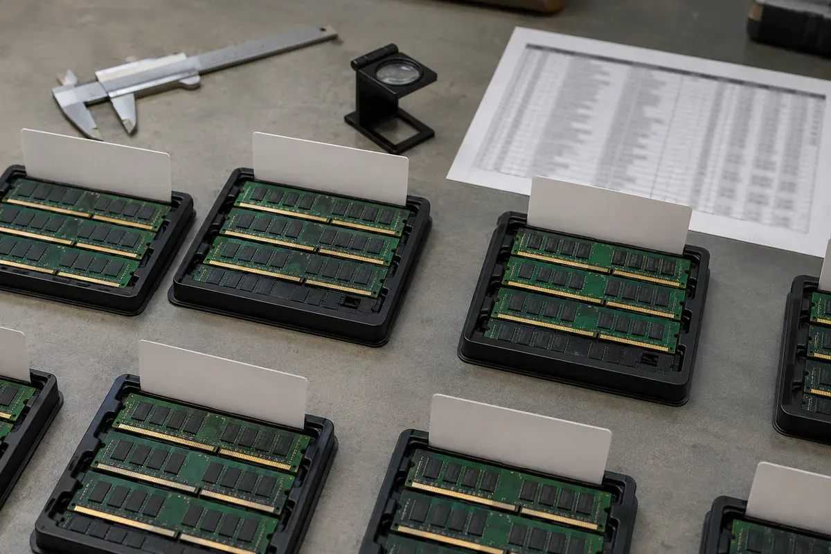 Server memory modules separated into conductive trays for lot-level quote comparison