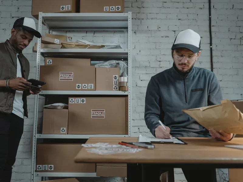 Warehouse employees organizing packages and shipment documentation