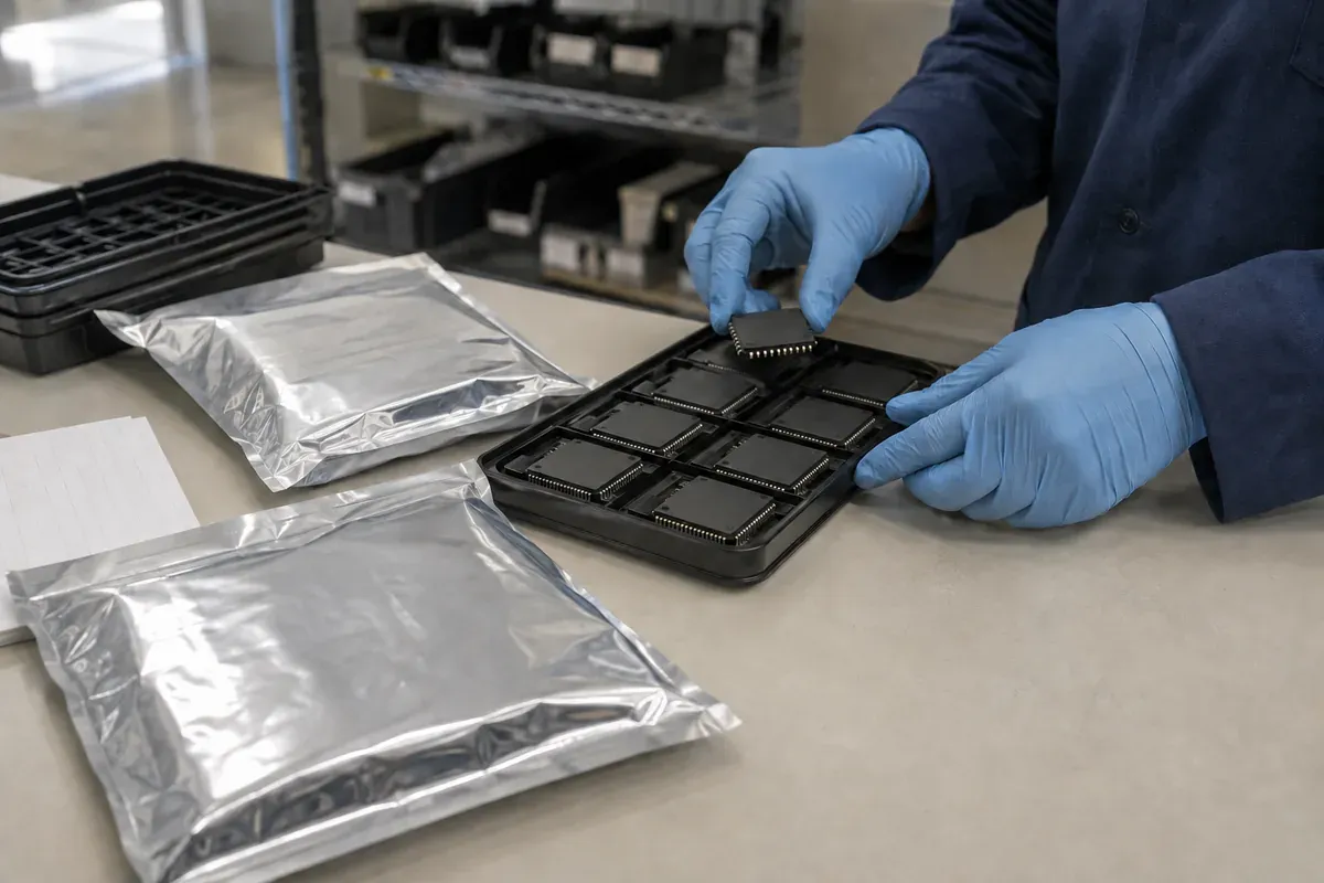 Gloved operator handling integrated circuits in conductive trays beside sealed moisture barrier bags