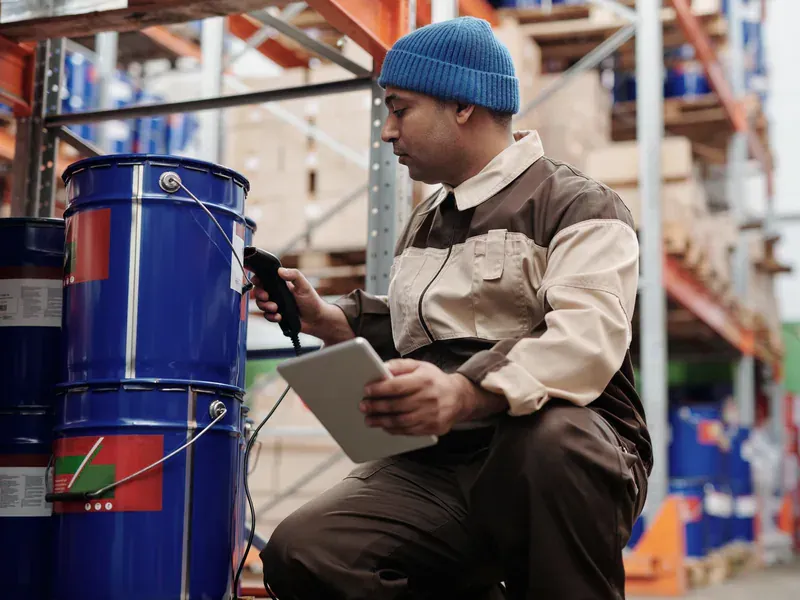 Warehouse worker scanning inventory with a tablet and handheld device
