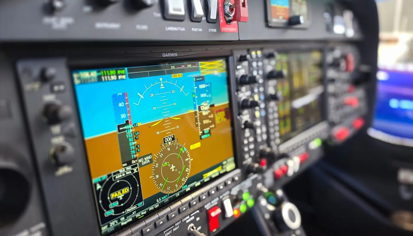 Modern aircraft cockpit with digital avionics displays