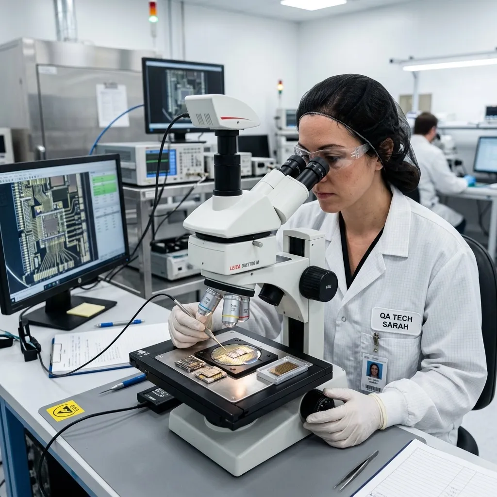 Quality engineer using digital microscope to inspect semiconductor component markings against AS6081 visual inspection criteria