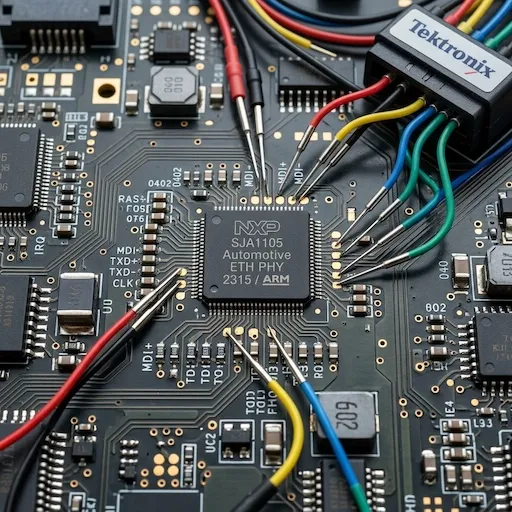 Macro image of an automotive Ethernet physical layer (PHY) transceiver chip
