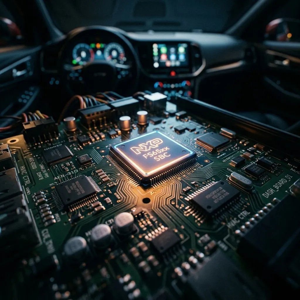 Automotive System Basis Chip glowing on a car dashboard circuit board