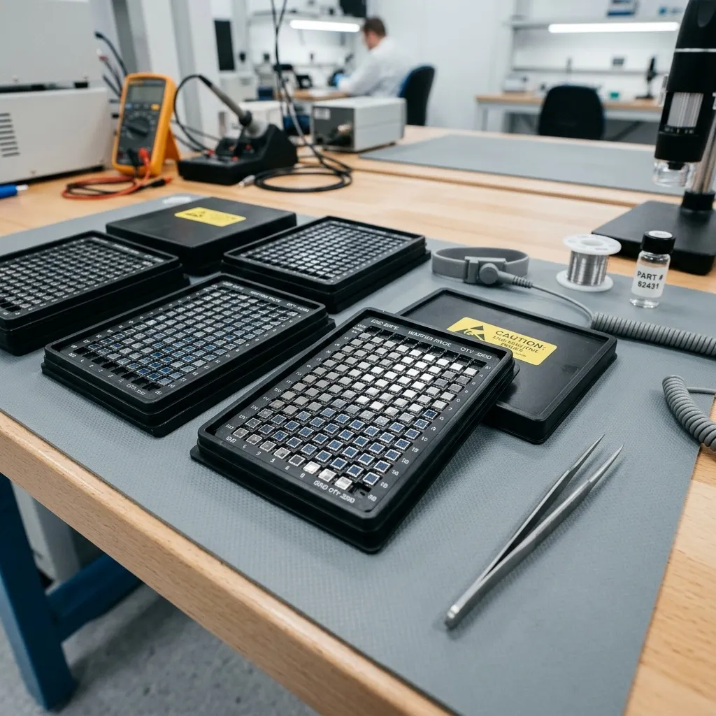 Technician in cleanroom ESD-safe environment handling bare silicon die in waffle pack with vacuum wand