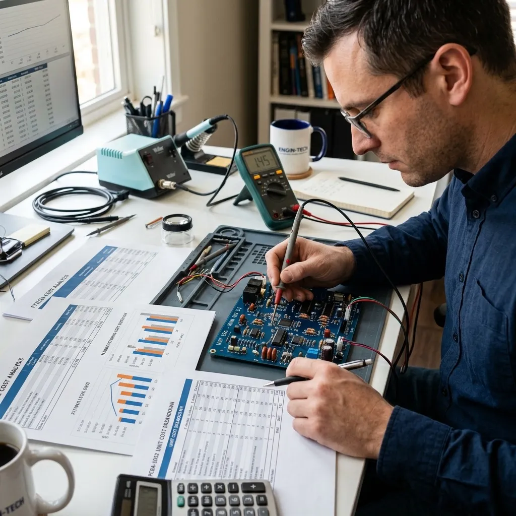 Split-screen showing a detailed electronics BOM spreadsheet on the left and a cost-optimized PCB assembly with component callouts on the right