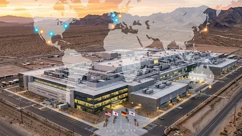 Heavy construction crane and advanced cleanroom structure of a newly reshored semiconductor fabrication plant in 2026