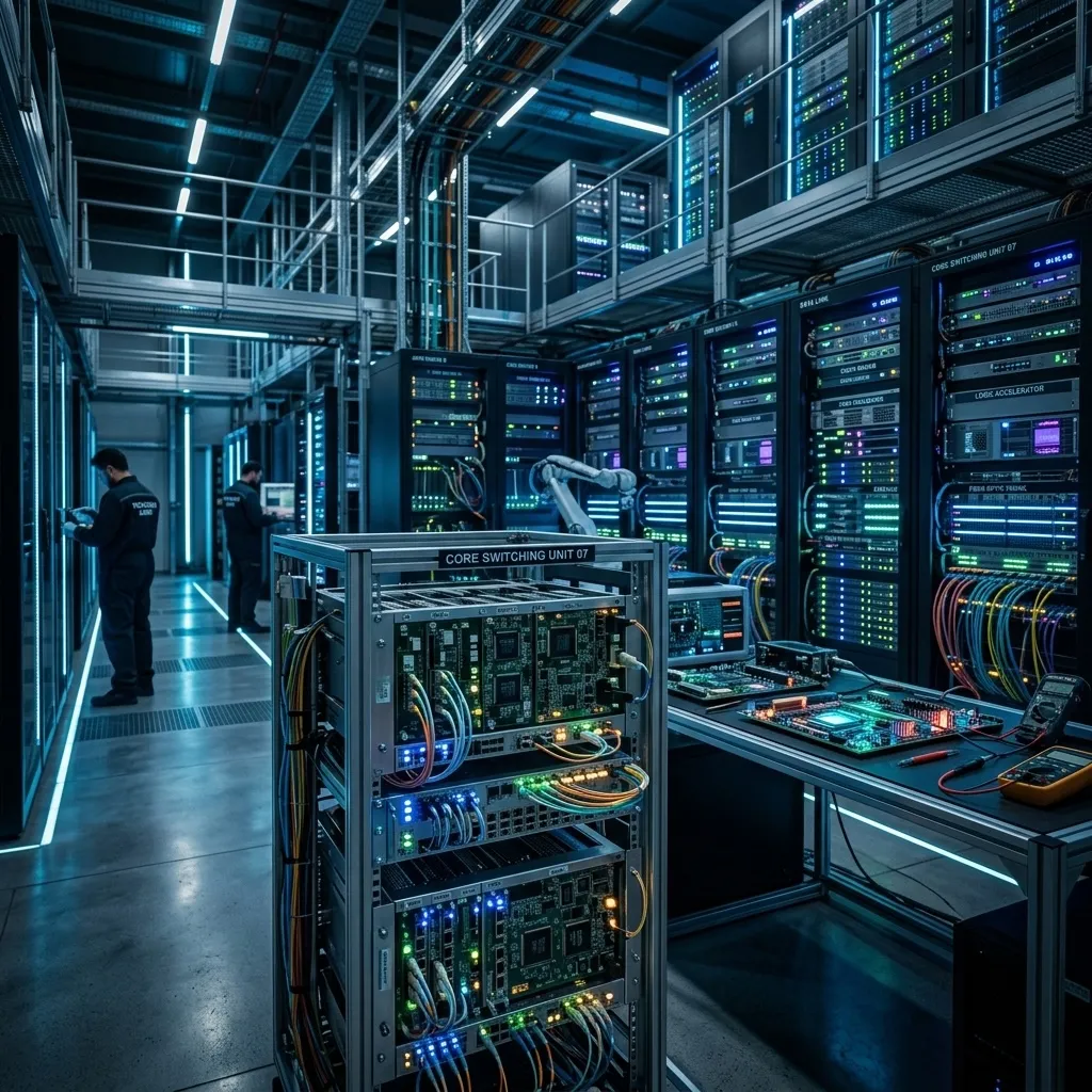 High-tech warehouse with glowing electronic components and communication standard logic ICs