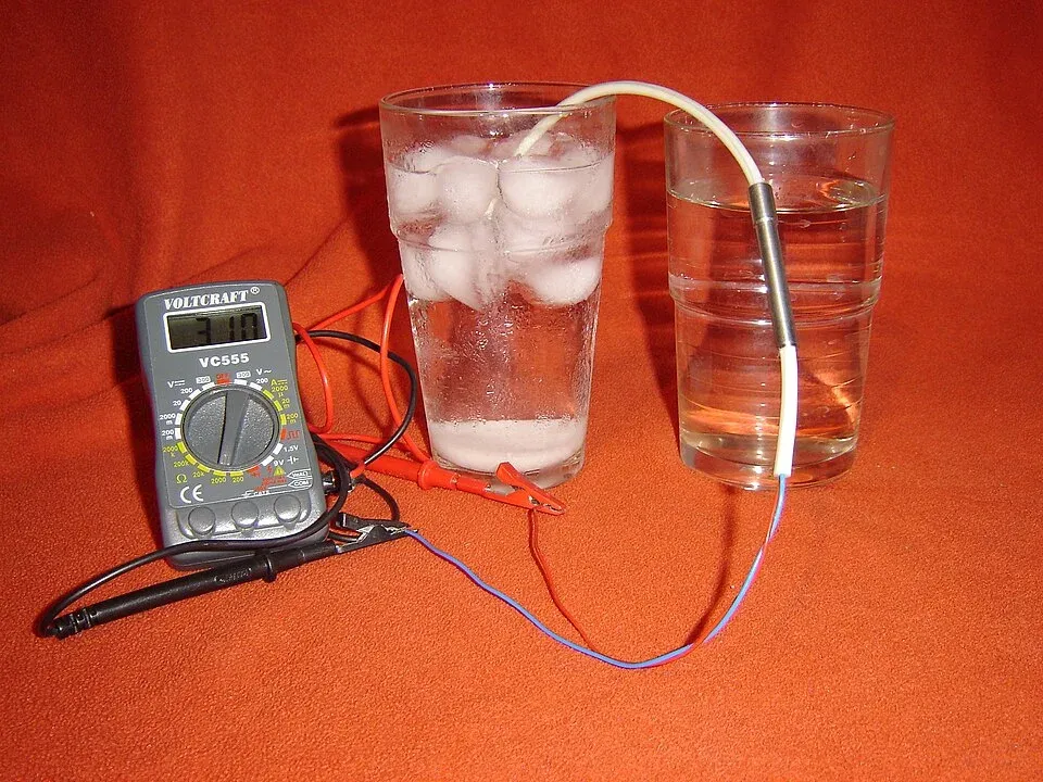 NTC probe immersed in ice water while connected to a resistance meter