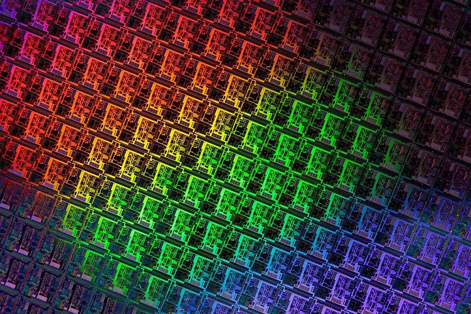 Close view of repeated circuit patterns on a semiconductor wafer