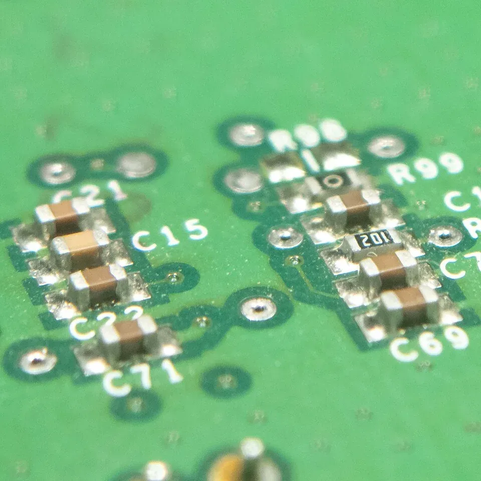 Bank of ceramic capacitors mounted on a circuit board