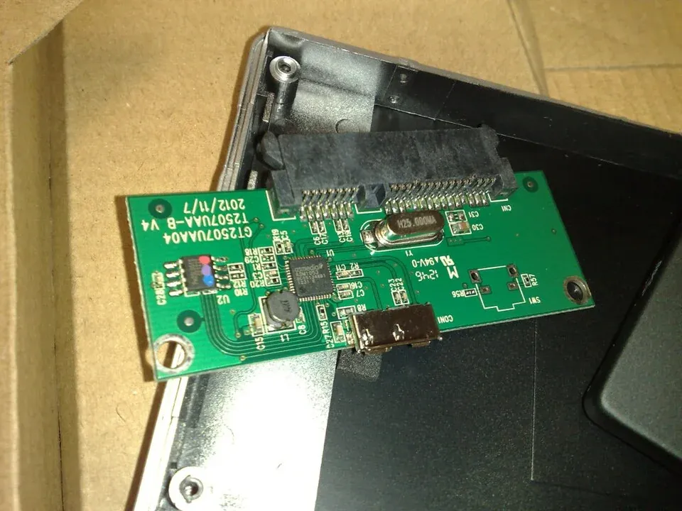 USB 3.0 hard-drive adapter board showing the USB connector and nearby components