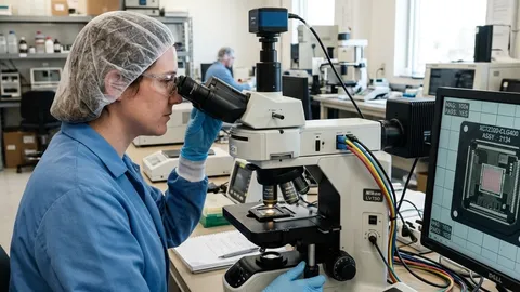 Realistic optical microscope inspection of a microchip in a quality assurance laboratory to detect counterfeit components