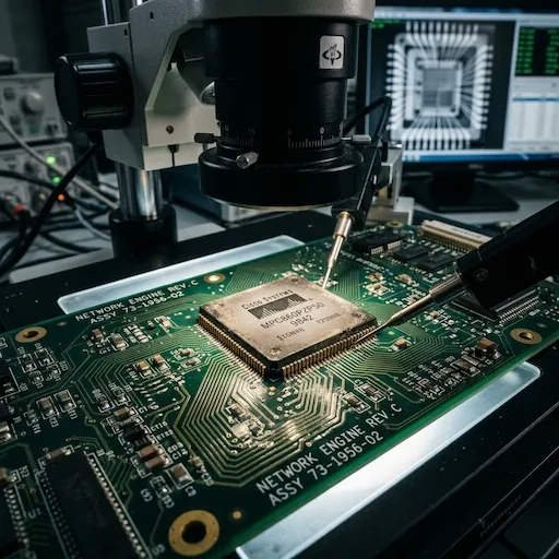 A legacy networking IC chip being inspected under a microscope on a green PCB with intricate traces