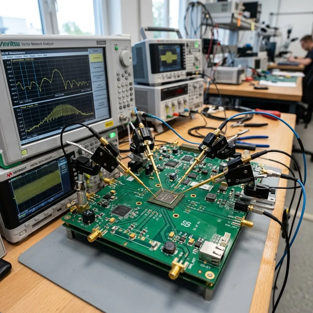 RF power amplifier module with envelope tracking IC visible, signal waveform overlay illustrating power efficiency optimization