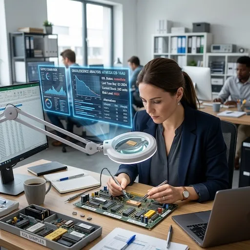 Procurement manager reviewing EOL electronic components and obsolescence data