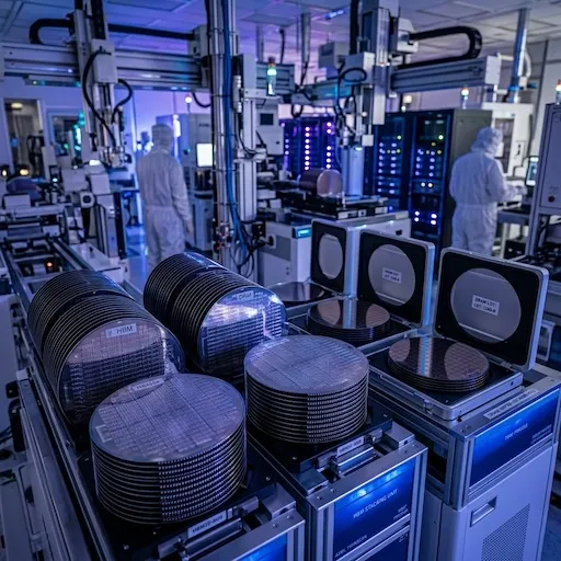 HBM and DRAM memory wafers in a semiconductor fab addressing 2026 supply chain dynamics