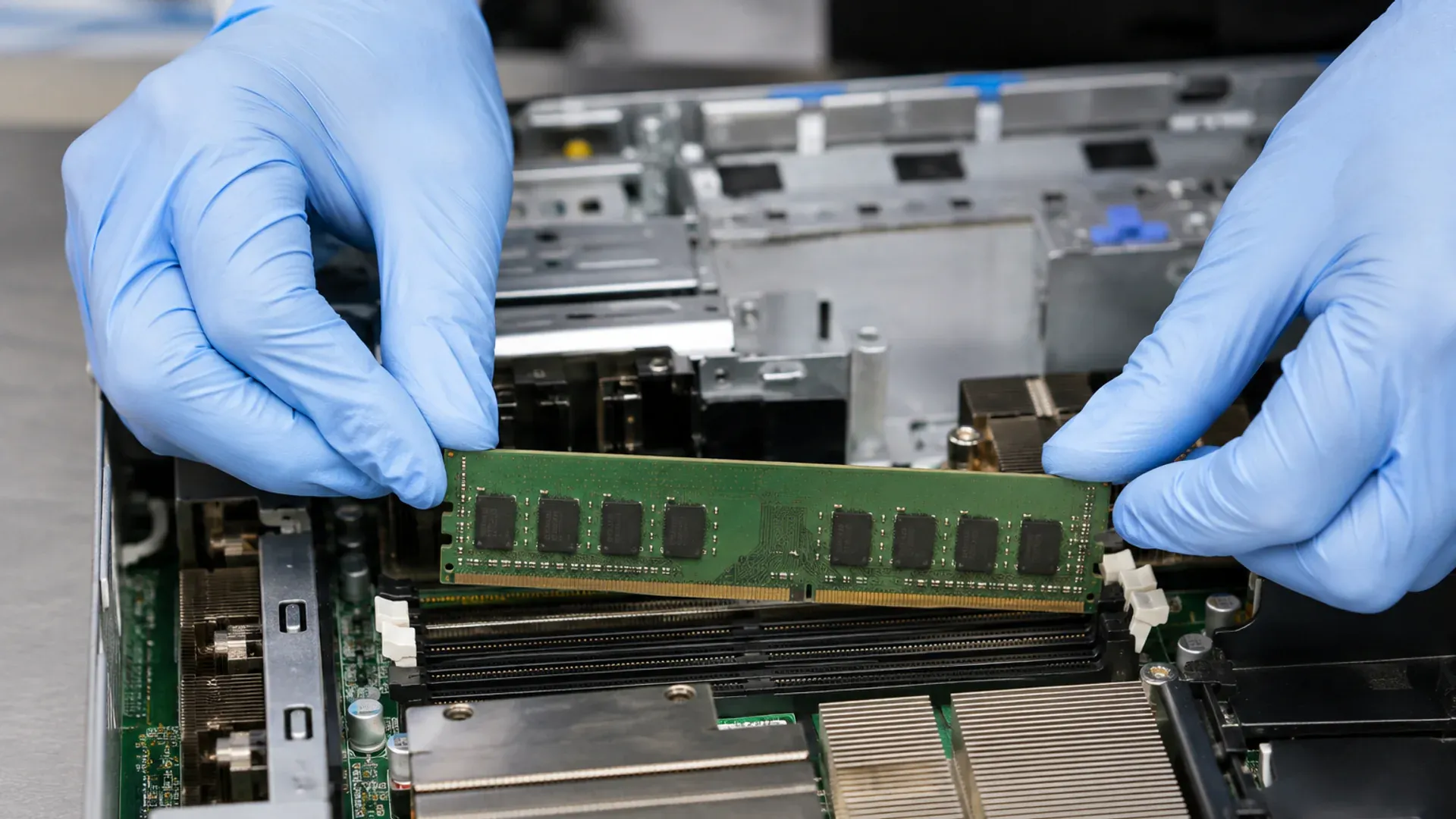 Technician aligning a server memory module with a DIMM socket