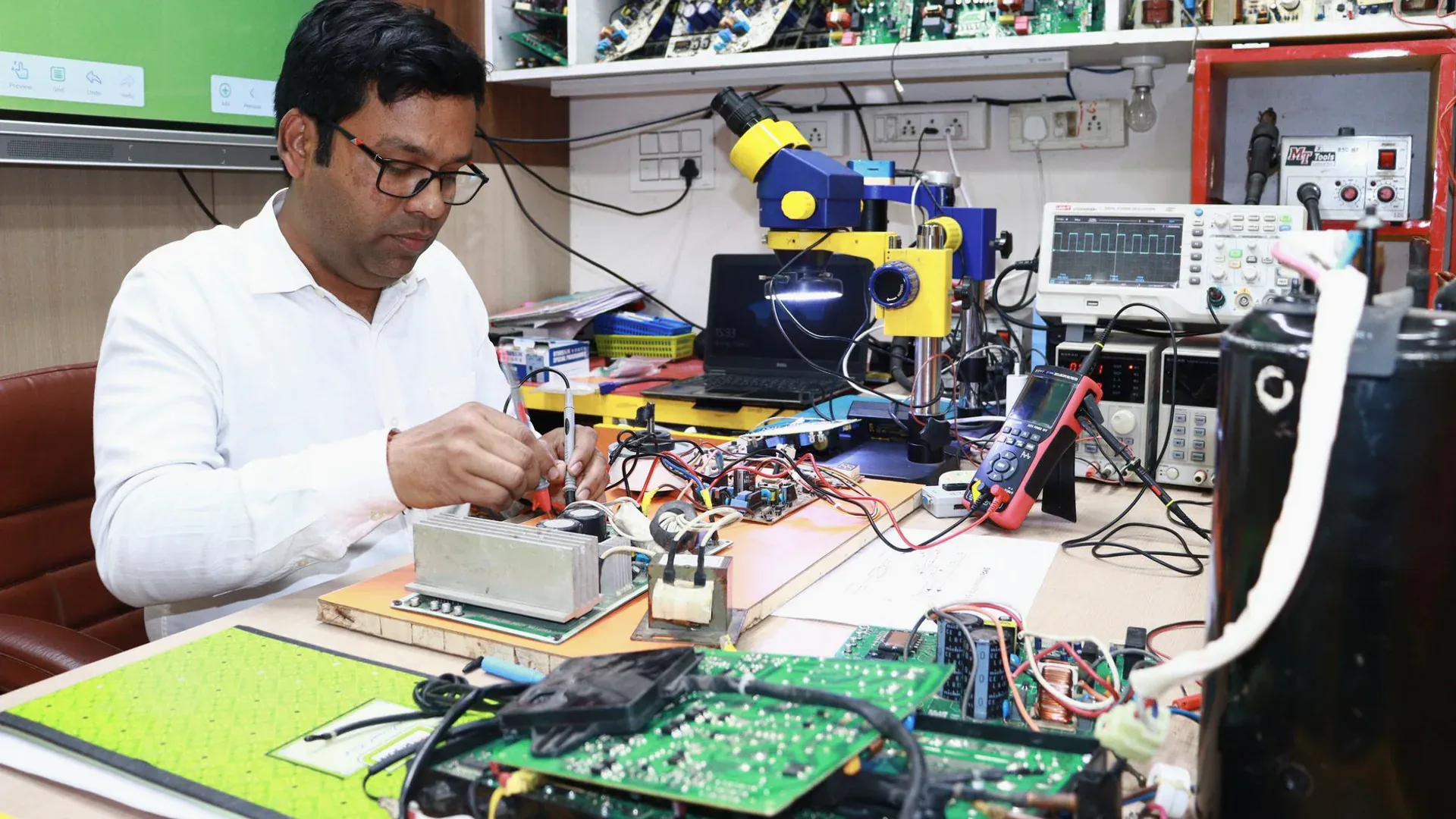 Power electronics board under laboratory test for startup, overload, and fault protection