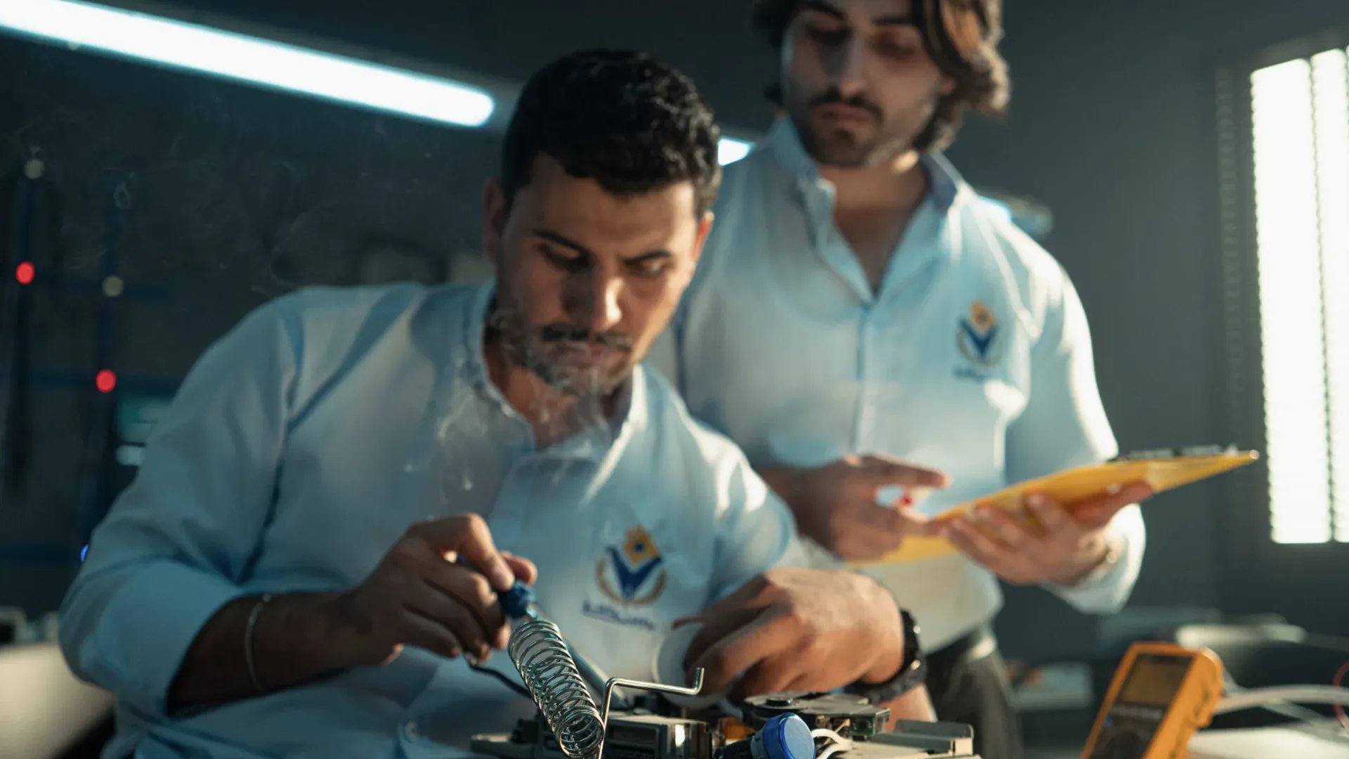 Engineer reviewing electronics documentation beside circuit boards during a semiconductor change-control assessment