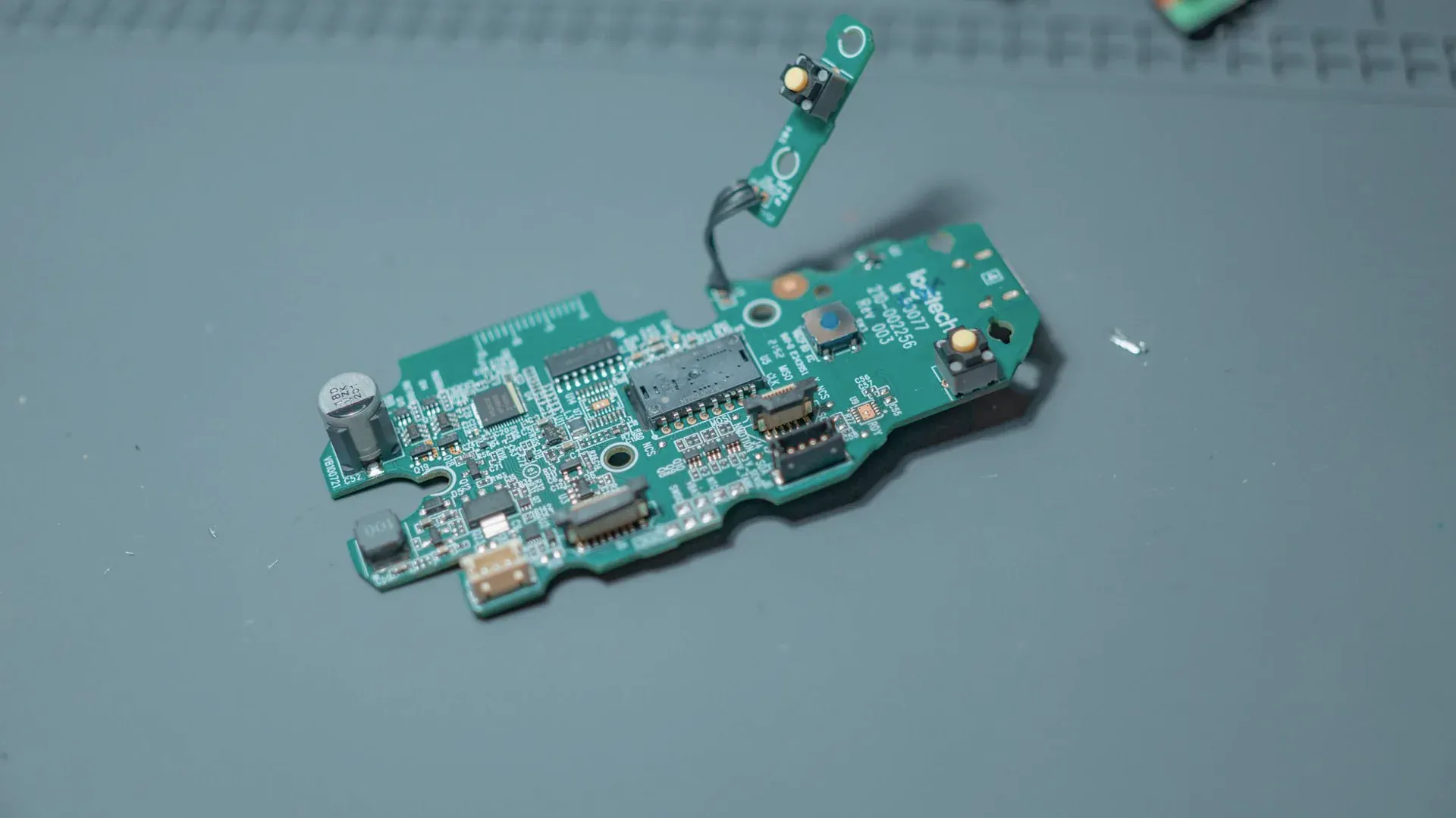 Detailed circuit board photographed for inspection before controlled component handling and assembly