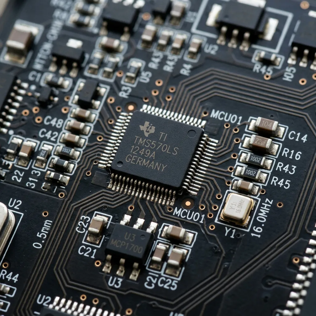Close-up macro photography of a microcontroller chip mounted on a dark automotive PCB