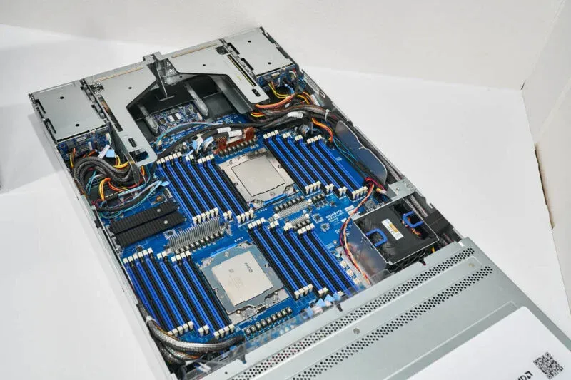 Open server with banks of DIMM slots arranged around two processor sockets