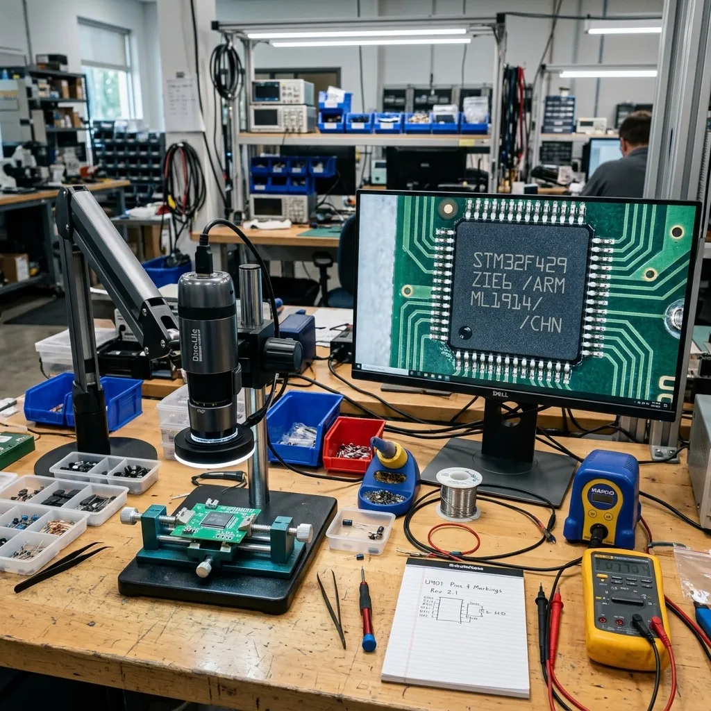 Digital industrial microscope focused on a microchip with high-definition screen inspection of pins and laser-etched markings