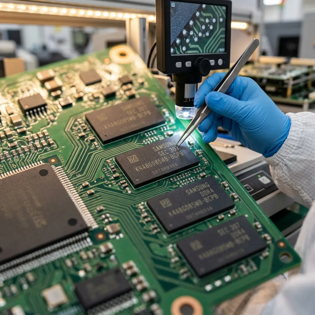 Detailed macro photography of BGA memory chips being inspected