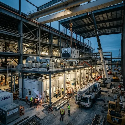 Heavy machinery and cleanroom infrastructure at a semiconductor fabrication plant under construction in 2026