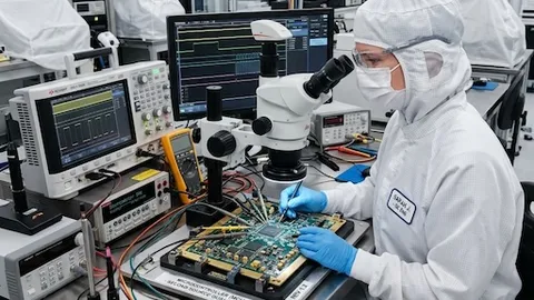 Engineer testing MCU circuit board for second source qualification processes