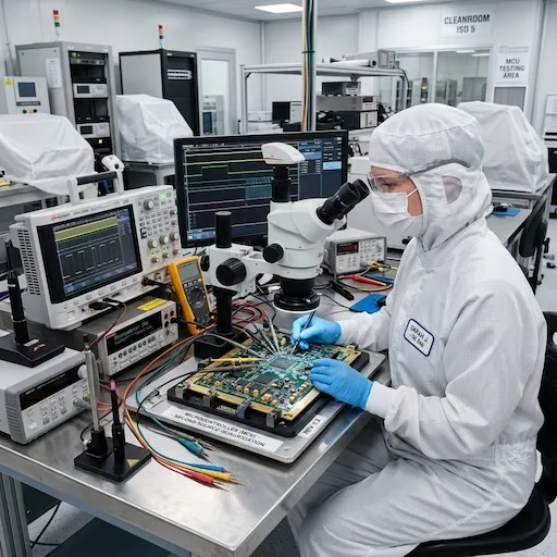 Engineer testing MCU circuit board for second source qualification processes