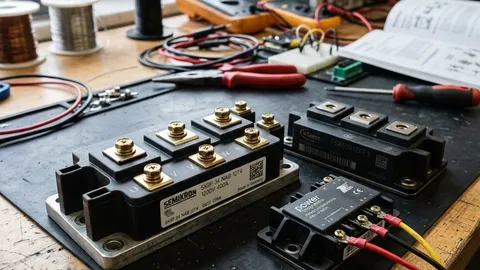 Realistic high-resolution view of industrial power semiconductor modules on an engineering workbench for SiC vs GaN comparison