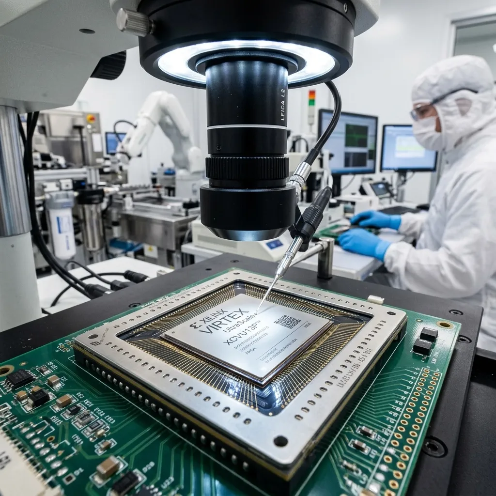Close-up of a high-end Xilinx FPGA chip under industrial inspection microscope
